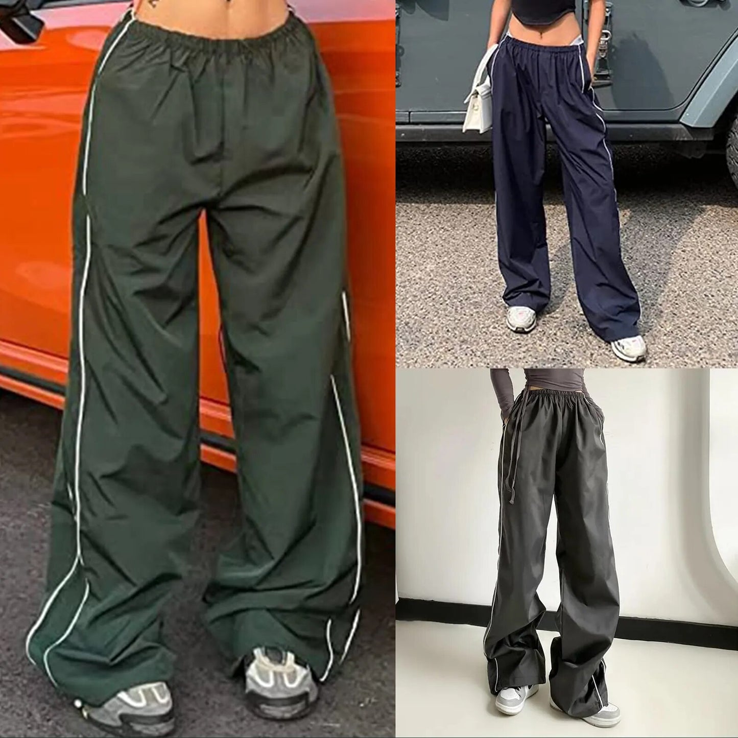 Cotton Cargo Drawstring Floor-length Pants Elastic Waist Loose Soft Breathable