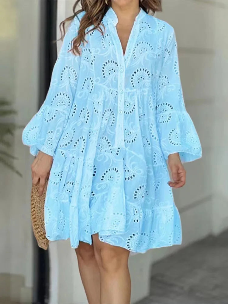 Hollow Out Elegant Vintage Lace Dress V-neck Loose Embroidery Mini Dresses