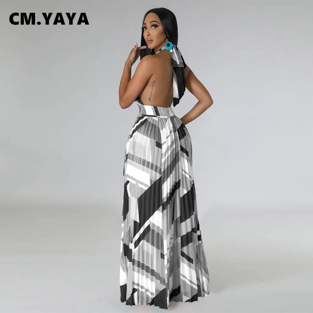 Geometrical Striped Halter Neck Backless Pleated Big Swing Maxi Long Dress