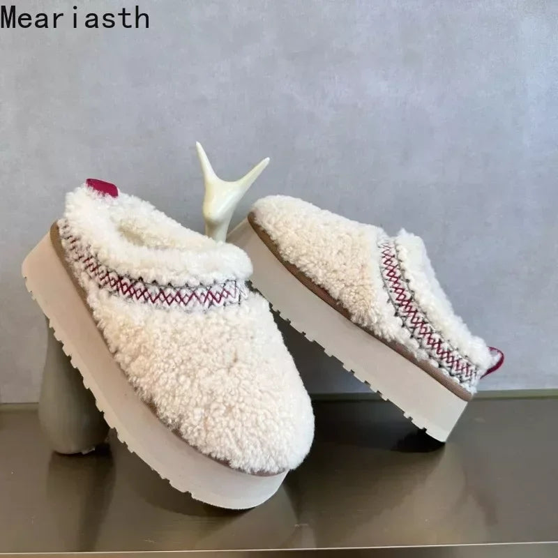 Luxury Shearing Braid Platform Mule Shoes Fur Lazy Loafers Thick Sole Lambwool