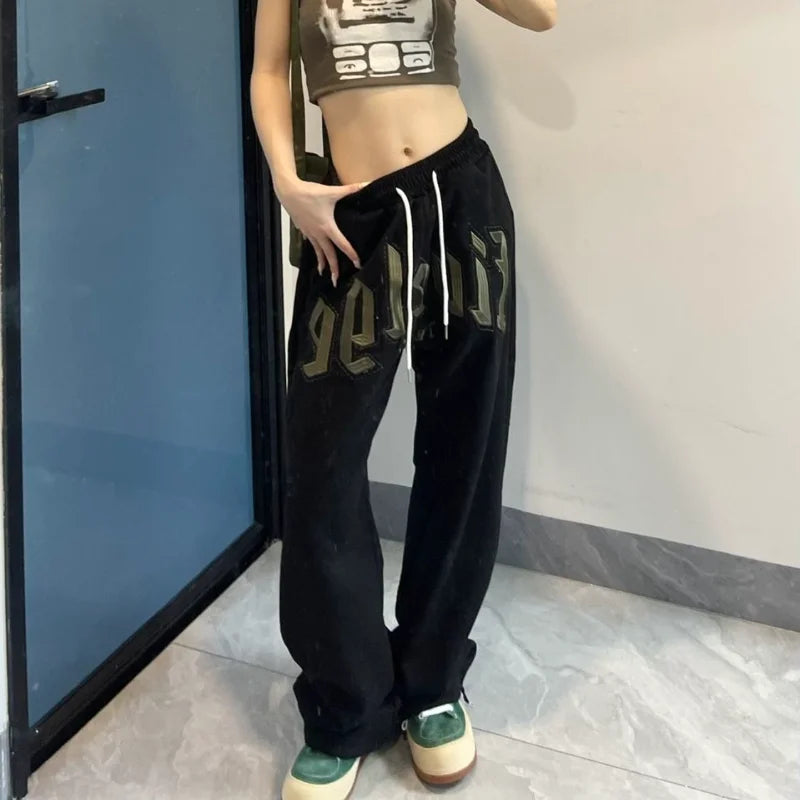 Letter Embroidery Straight Pants Elastic Waist Solid Loose Drawstring Wide Leg Pants