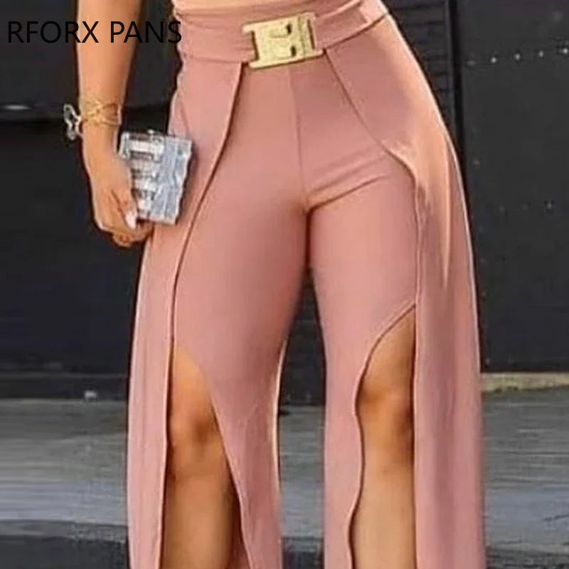 Solid Long Slit Pants With Belt Sexy Casual Pants Fashion Pants