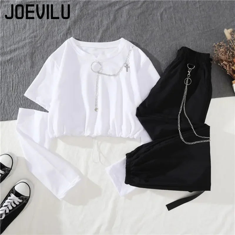 Removable Sleeve with Chain Casual Waistband Cargo Pants 2 Piece Sets