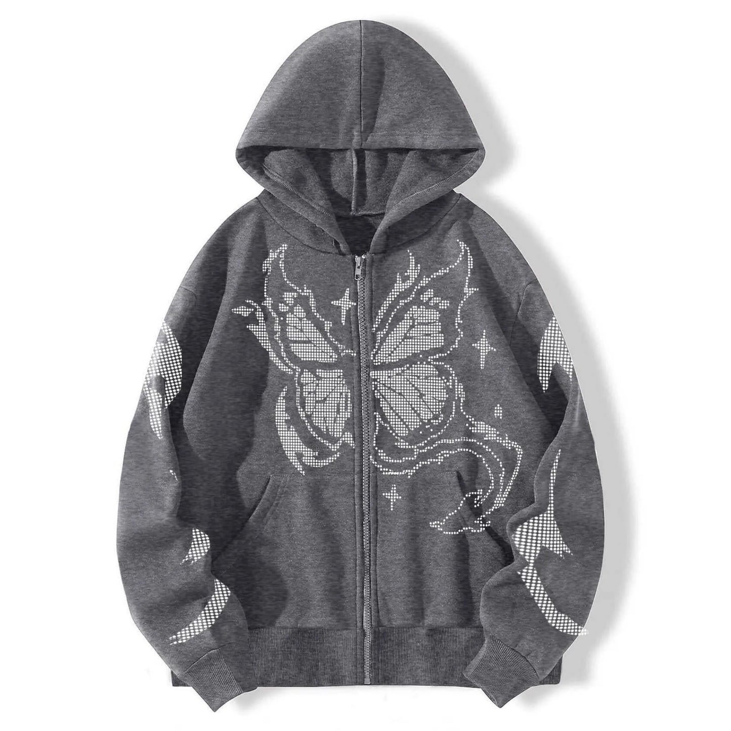 Zip Up Oversize Hooded Butterfly Print Sweatshirts Stitch Loose