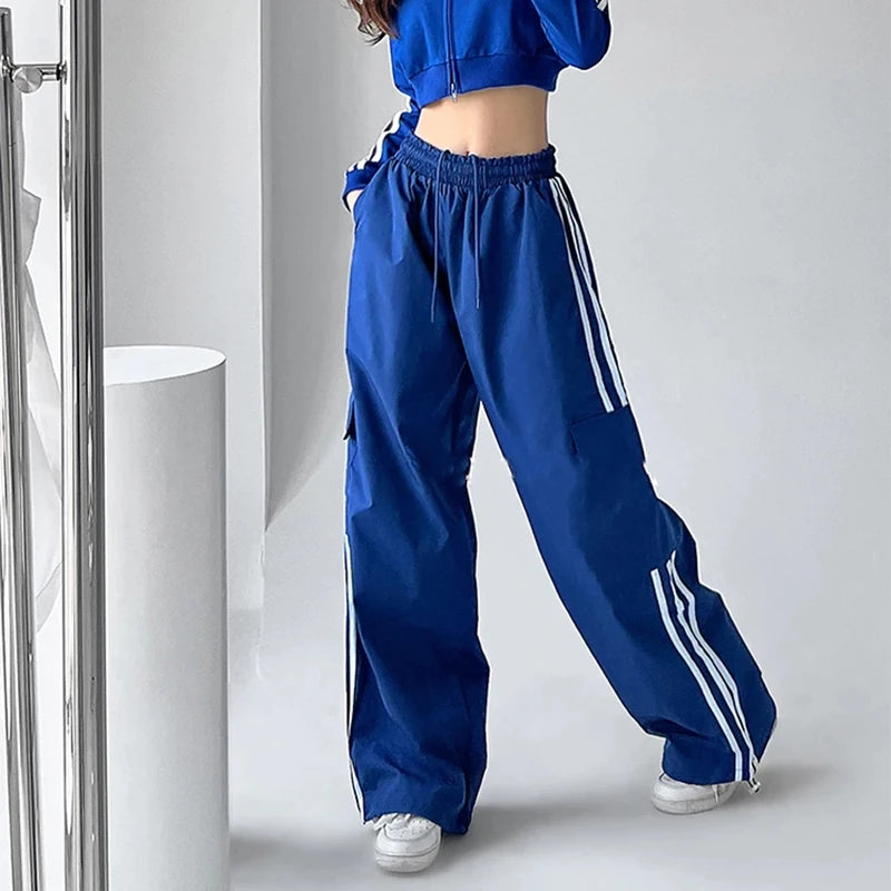 Striped Sweatpants Baggy Wide Leg Cargo Pants High Waist Drawstring