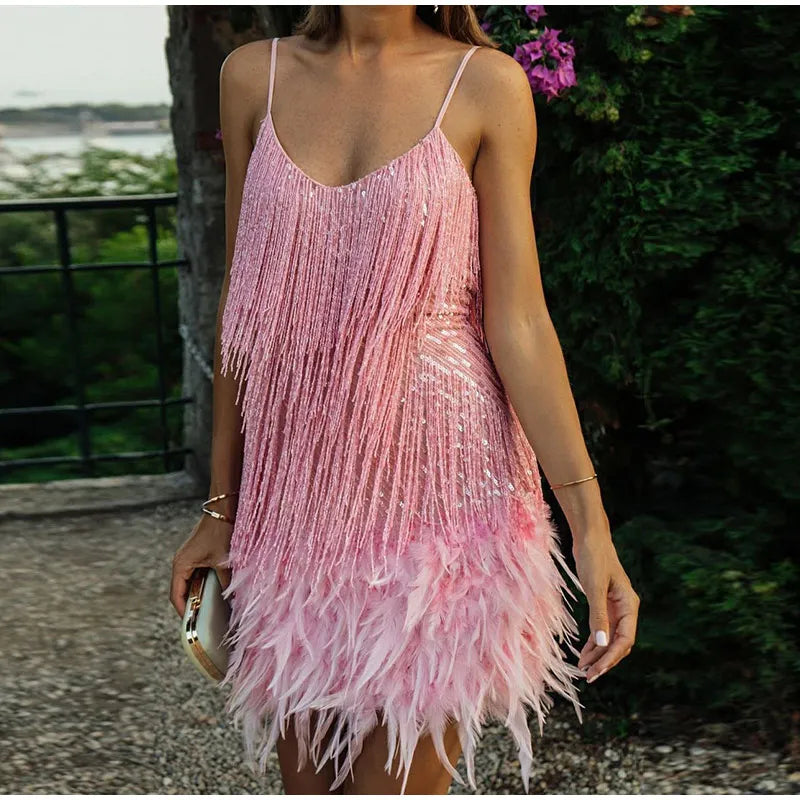 Sexy Tassel Sequins Feather Mini Dress Spaghetti Strap Elegant