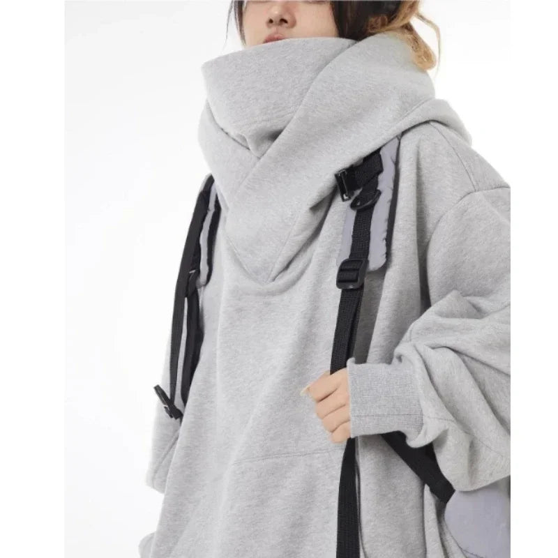 High Collar Hooded Sweatshirt Fleece Loose Tops