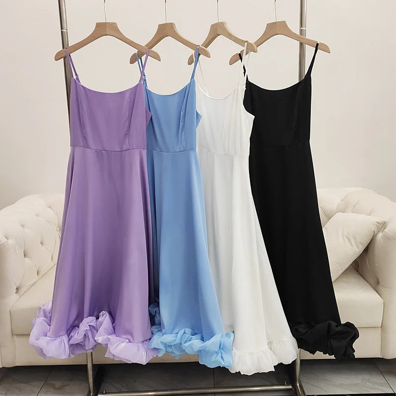 Elegant Ruffle Sling Long Dress Sleeveless Backless Swing skirt A-line tutu