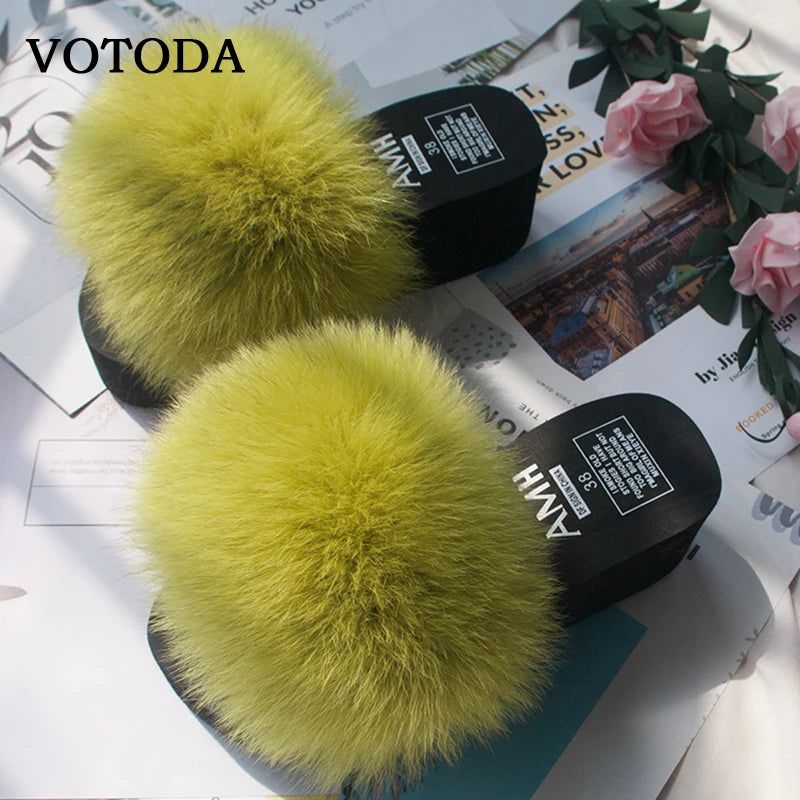 Wedge Slippers Women Flip Flops Furry Real Fox Fur Slides Platform Shoes