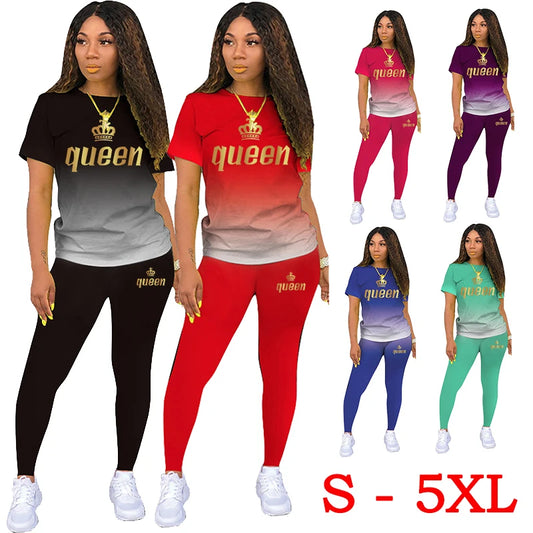 Two Piece Outfits Sets Printed Gradient T Shirt Leggings Short Sleeve