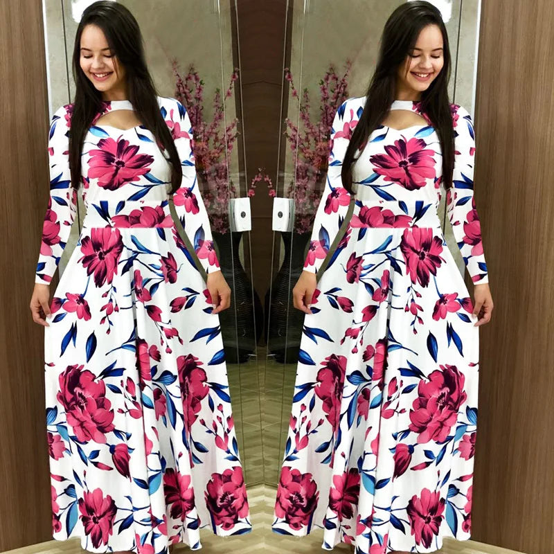 Elegant Spring Autumn Women's Dress Casual Fashion Floral Print Super Long