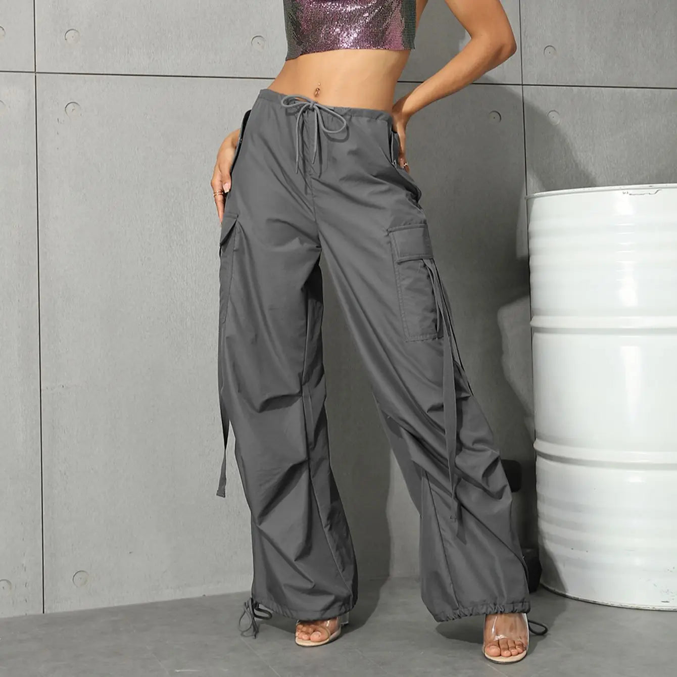 Flap Pocket Drawstring Hem Parachute Cargo Pants