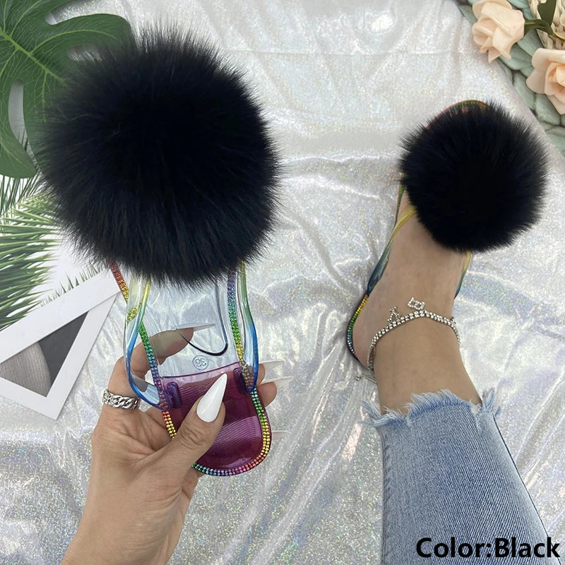 Fur Flip Flops Slippers Pom Pom Transparent Crystal Flats