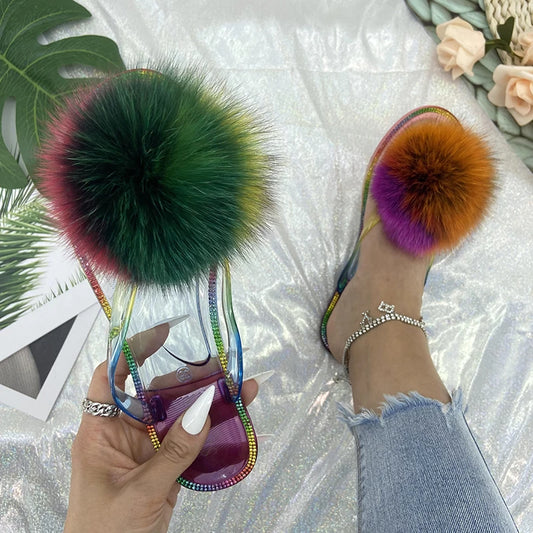 Fur Flip Flops Slippers Pom Pom Transparent Crystal Flats