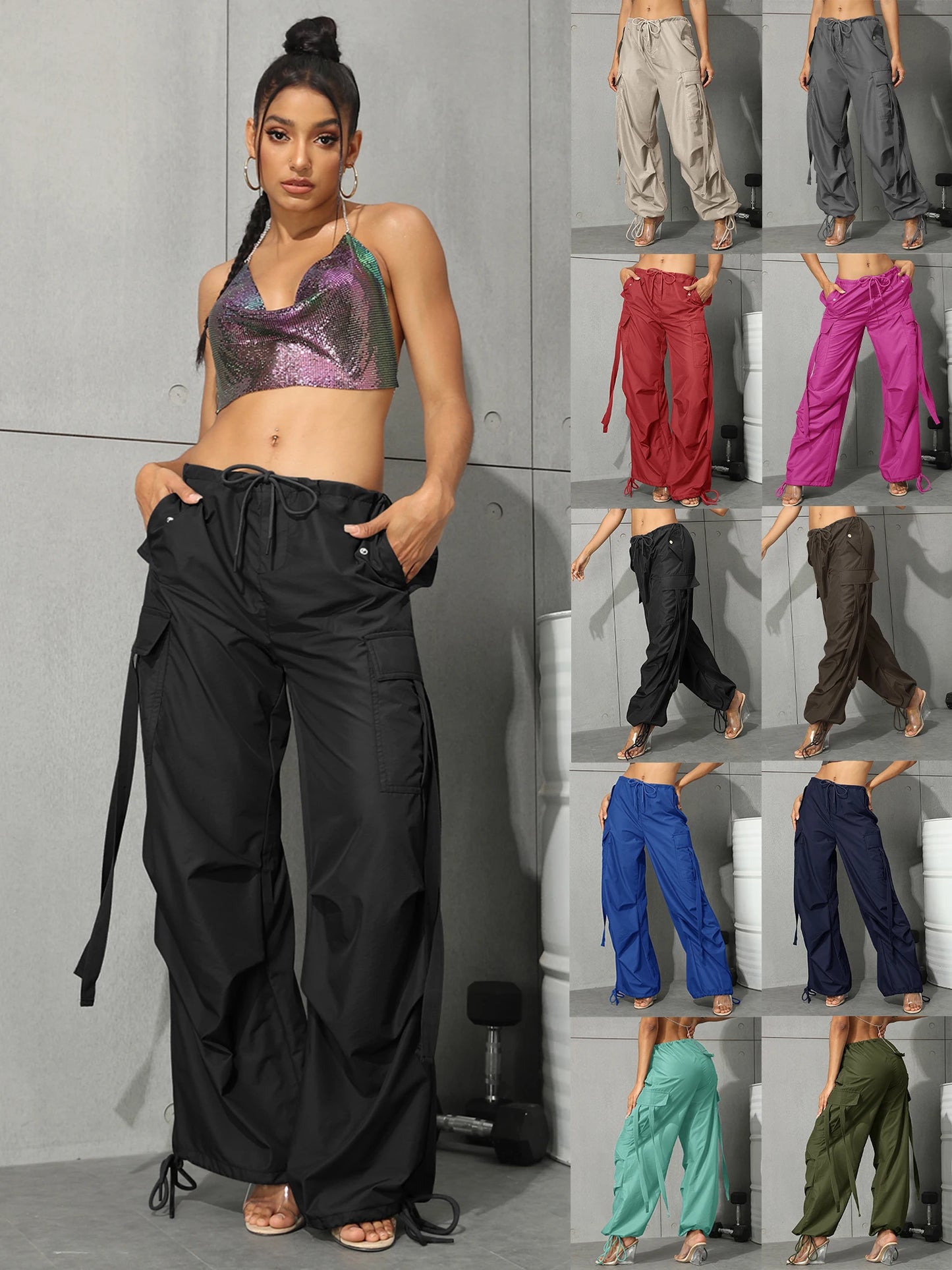 Flap Pocket Drawstring Hem Parachute Cargo Pants