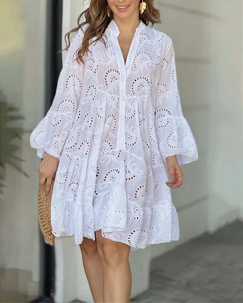 Hollow Out Elegant Vintage Lace Dress V-neck Loose Embroidery Mini Dresses