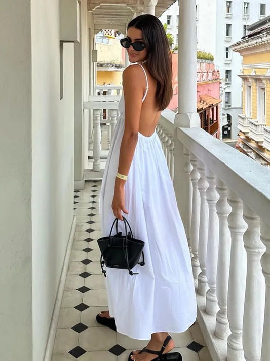 Backless Midi Sleeveless V Neck Dress Causal Loose Long Dress