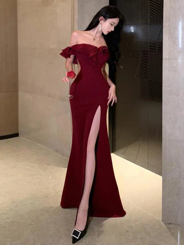 High Split Ruffles Elegant Luxury Off Shoulder Evening Dresses