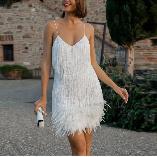 Sexy Tassel Sequins Feather Mini Dress Spaghetti Strap Elegant