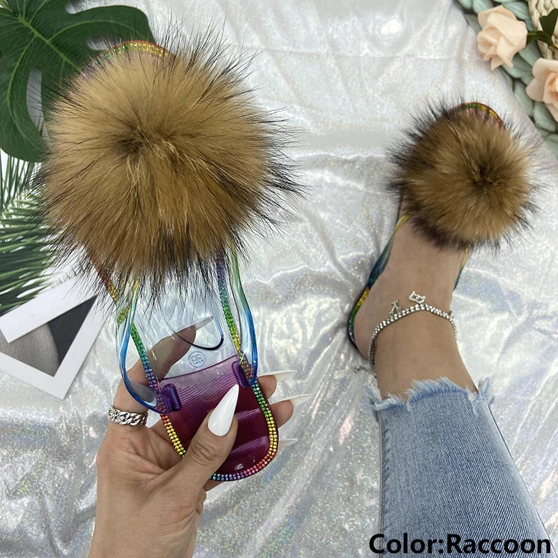 Fur Flip Flops Slippers Pom Pom Transparent Crystal Flats