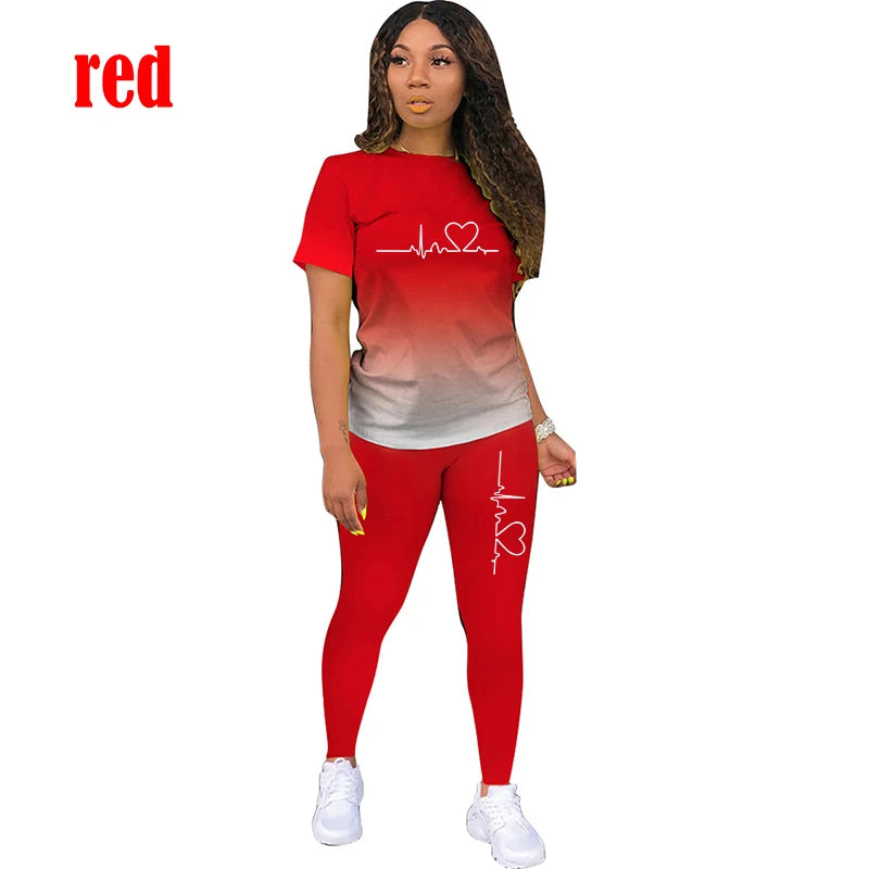 Two Piece Tracksuits Sets ECG Printed T Shirt Pants Sports Suit