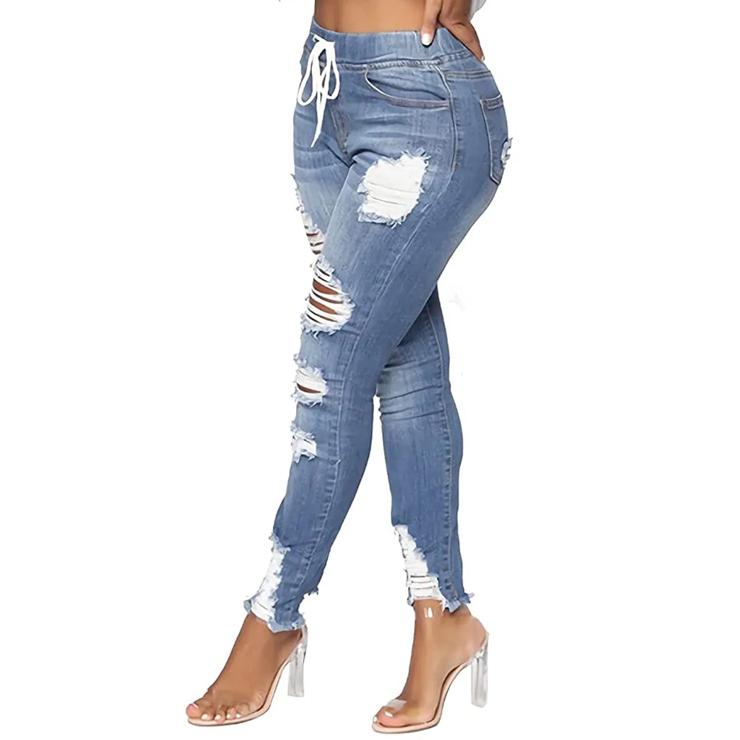 Drawstring Ripped Jeans Fashion Tight High Stretch