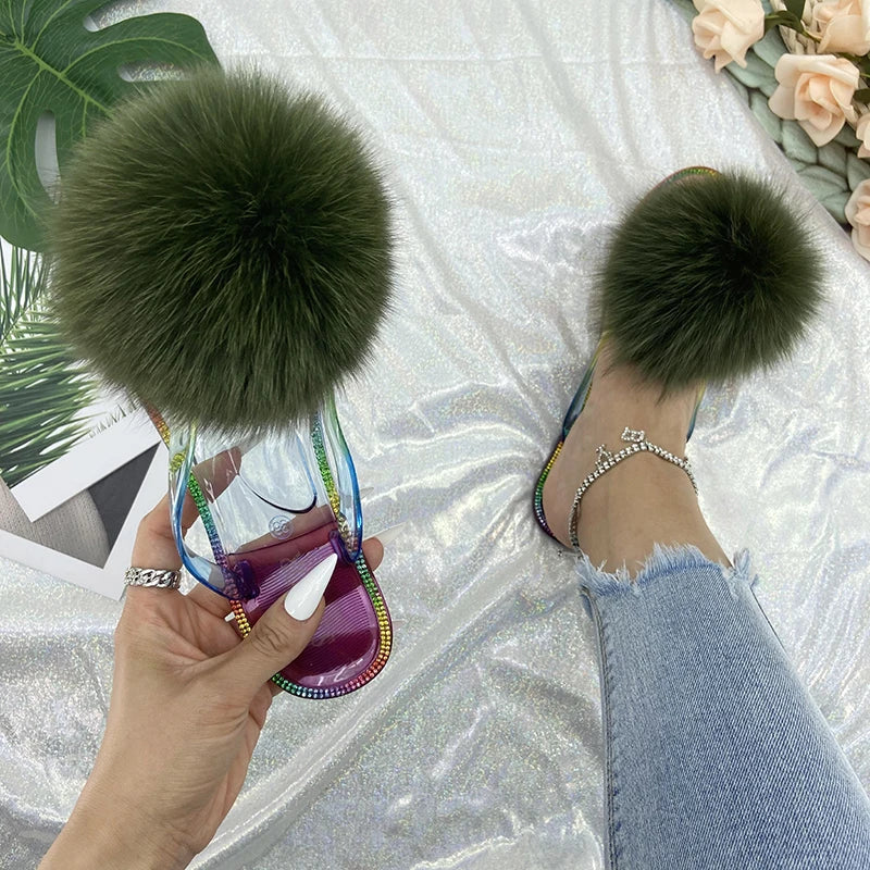 Fur Flip Flops Slippers Pom Pom Transparent Crystal Flats