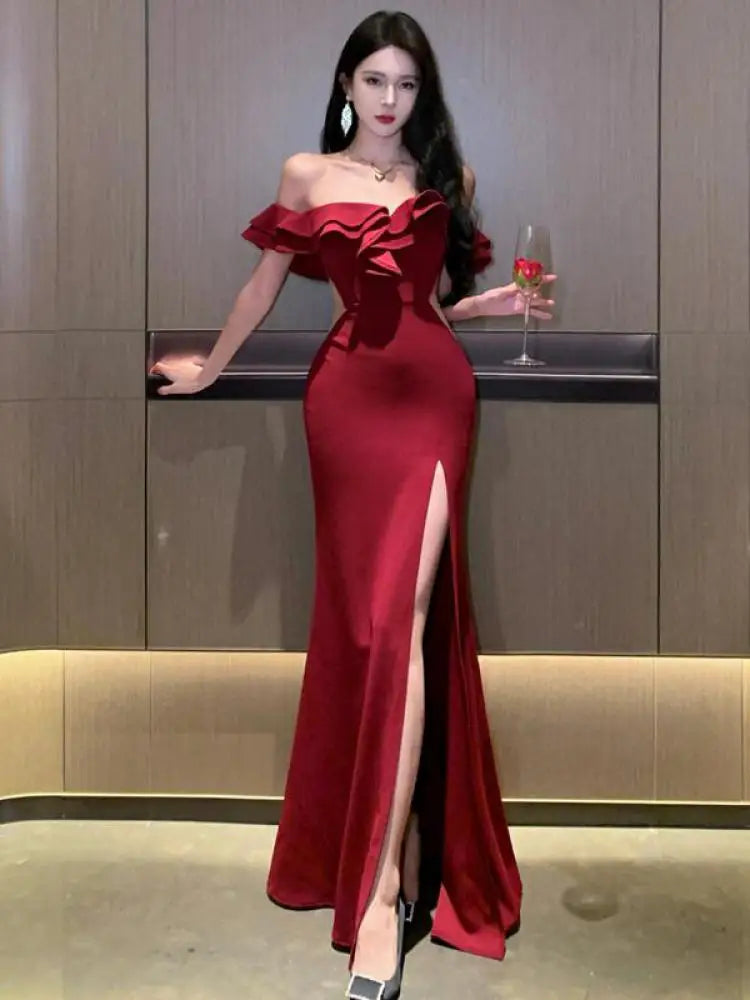 High Split Ruffles Elegant Luxury Off Shoulder Evening Dresses