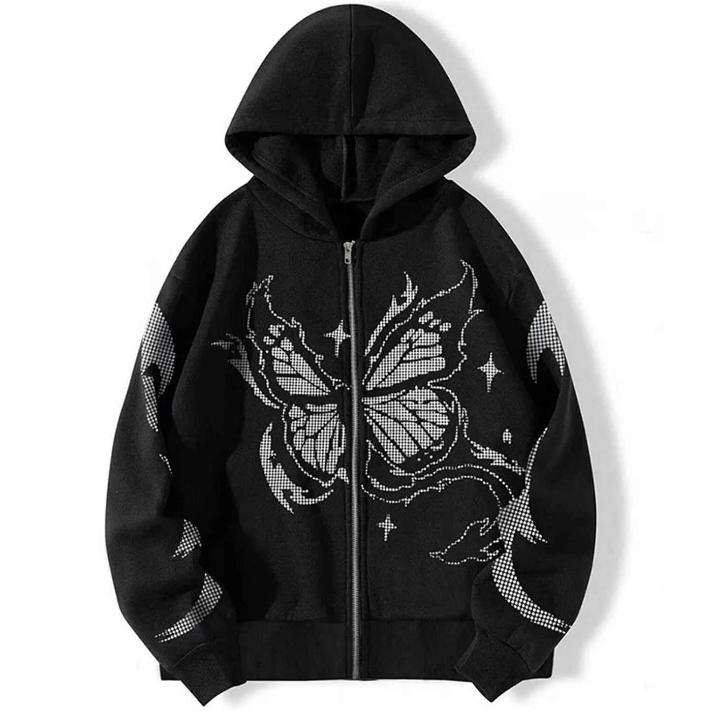 Zip Up Oversize Hooded Butterfly Print Sweatshirts Stitch Loose