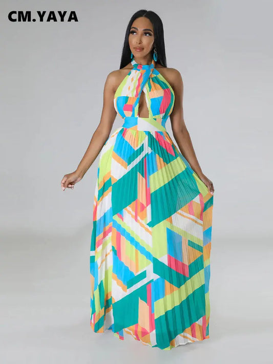 Geometrical Striped Halter Neck Backless Pleated Big Swing Maxi Long Dress