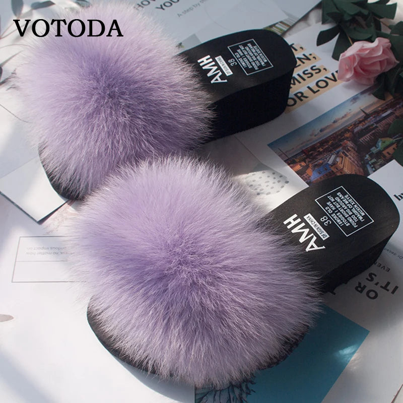 Wedge Slippers Women Flip Flops Furry Real Fox Fur Slides Platform Shoes