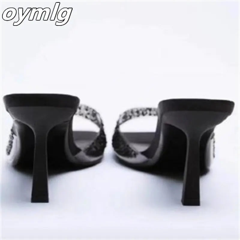 high-heeled shoes with thin heels, PVC flat belt sandals, square head