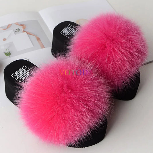 Wedge Slippers Women Flip Flops Furry Real Fox Fur Slides Platform Shoes