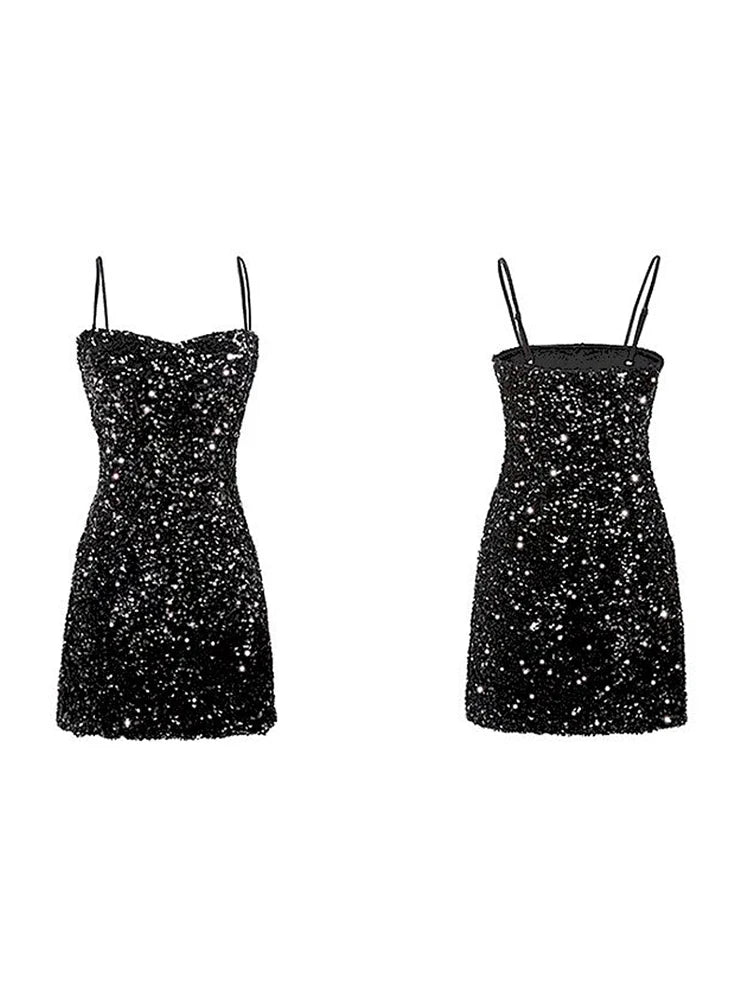 Aesthetic Sexy Halter Sequins Black Dress Loose Sleeveless