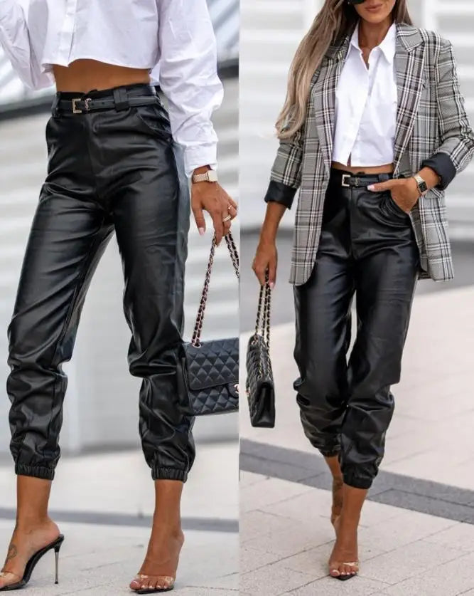 Pu Leather High Waist Cuffed Long Pants Casual