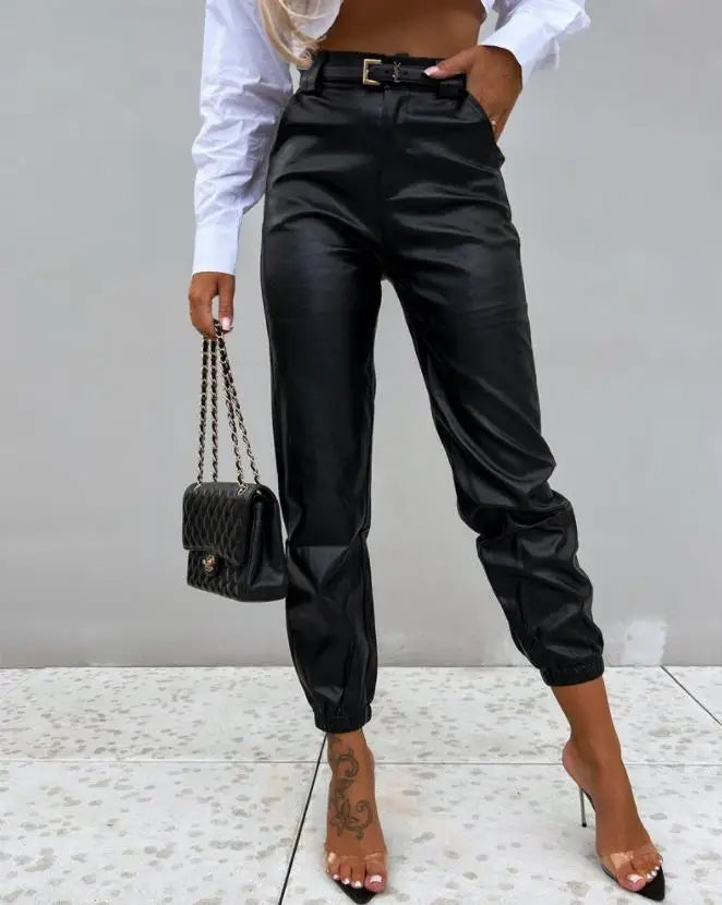 Pu Leather High Waist Cuffed Long Pants Casual