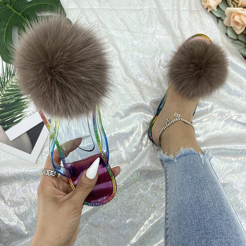 Fur Flip Flops Slippers Pom Pom Transparent Crystal Flats