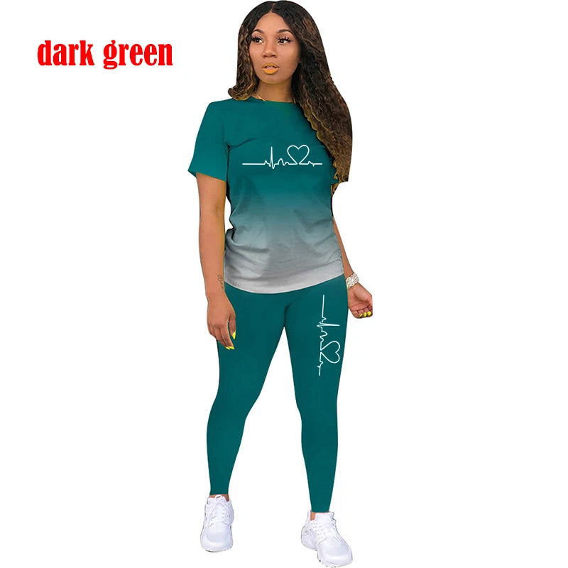 Two Piece Tracksuits Sets ECG Printed T Shirt Pants Sports Suit