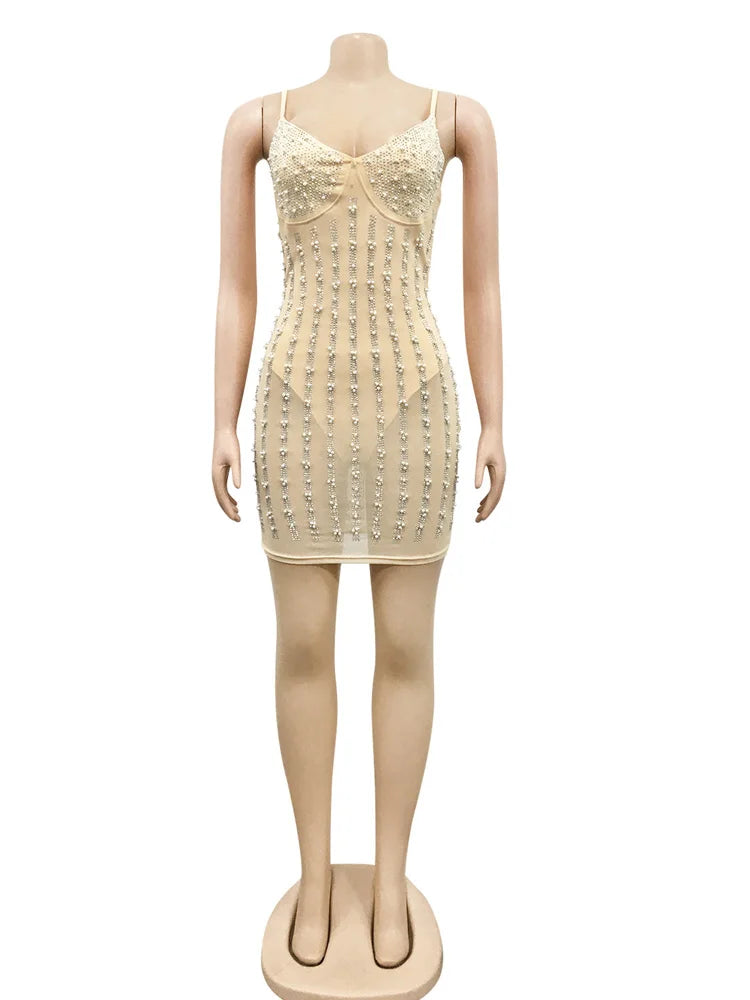 Beyprern Beautiful See-Through Pearls Crystal Bodysuit Dresses Glam Sequins