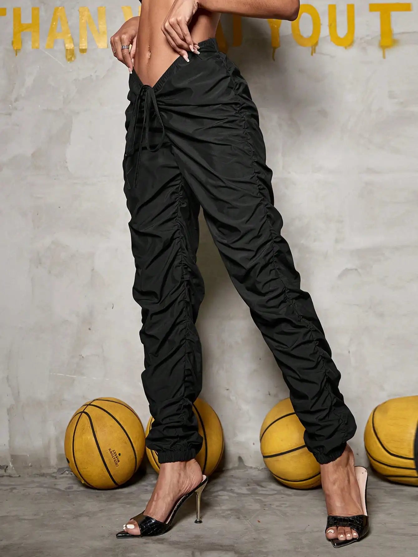 Chic Ruched V Drawstring Waist Cargo Pant Tapered Trousers