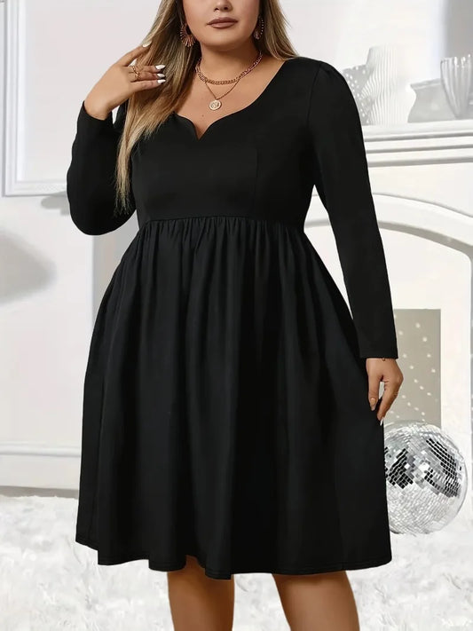 Plus Size Long Sleeved Casual V Neckline Notched Dress