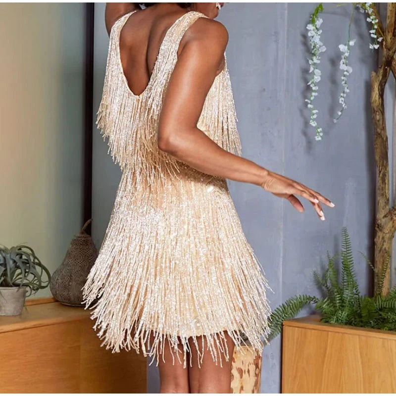 Sexy Tassel Sequins Feather Mini Dress Spaghetti Strap Elegant