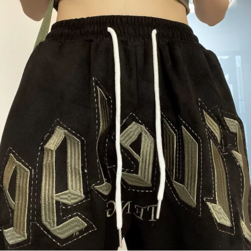 Letter Embroidery Straight Pants Elastic Waist Solid Loose Drawstring Wide Leg Pants