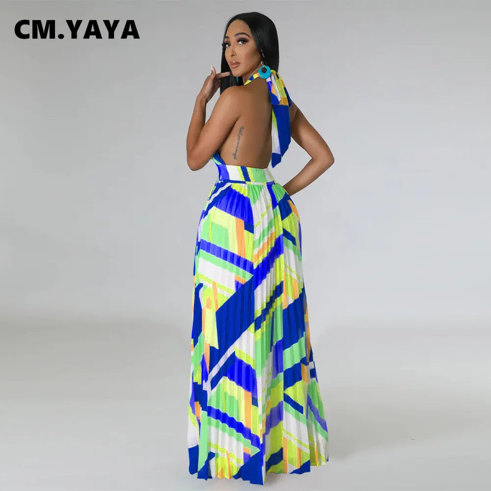 Geometrical Striped Halter Neck Backless Pleated Big Swing Maxi Long Dress