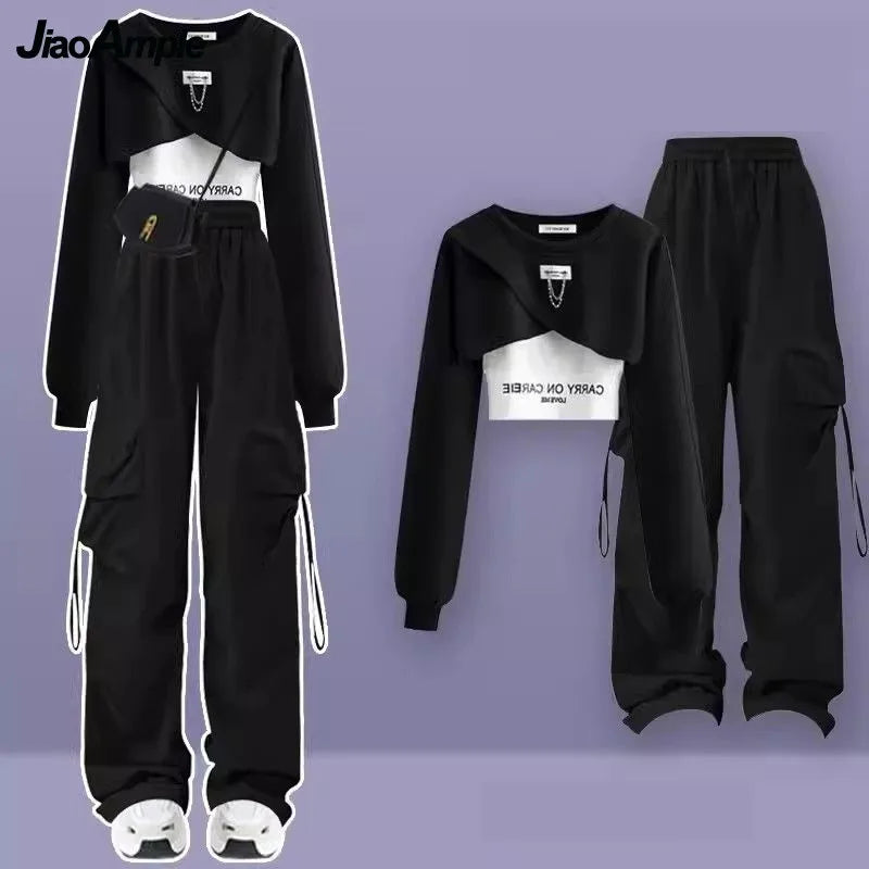 Tracksuit Short Sweater+Strap+Cargo Pants Three Piece Elegant Matching Set