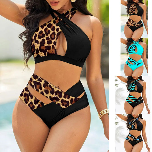 Two Pieces Bathing Suit Leopard Striped Butterfly Printed Tankini Top Boyshorts