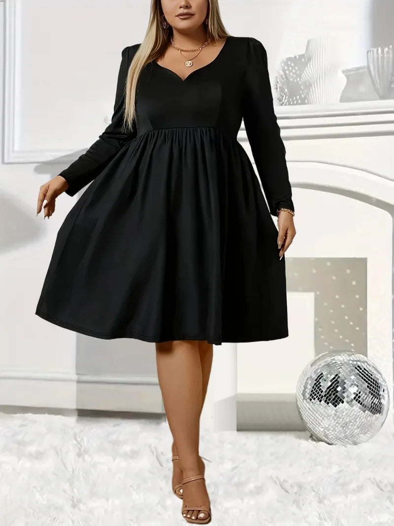 Plus Size Long Sleeved Casual V Neckline Notched Dress