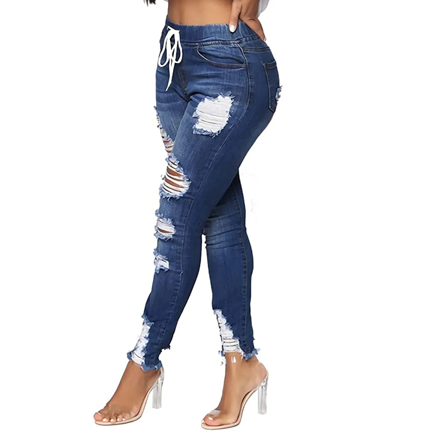 Drawstring Ripped Jeans Fashion Tight High Stretch