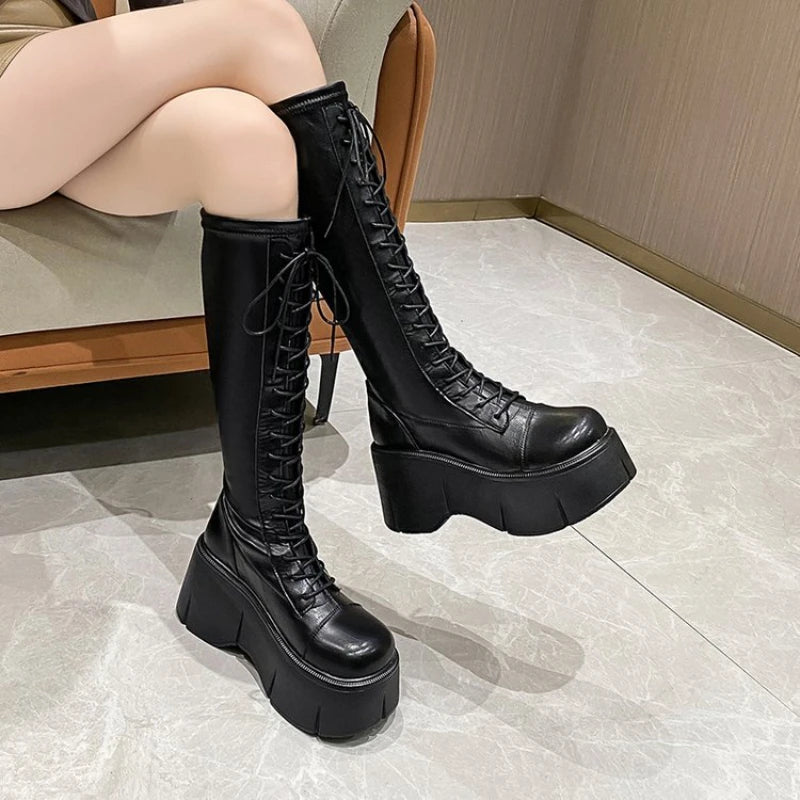 Mid Calf Boots Lace-up Zipper Platform Heels Shoes