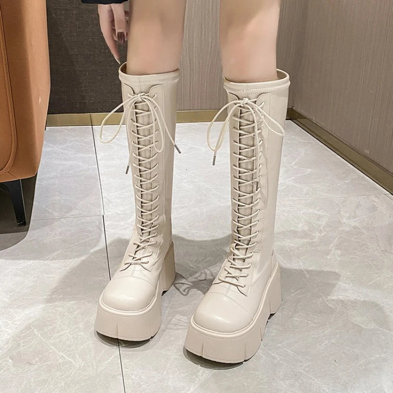 Mid Calf Boots Lace-up Zipper Platform Heels Shoes